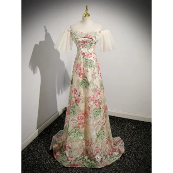 Chic Belle Multi Couleurs En Dentelle Fleur Perlage Perle Paillettes Robe De Bal 2023 De L Épaule Princesse Manches Courtes Dos Nu Longue Robe De Ceremonie