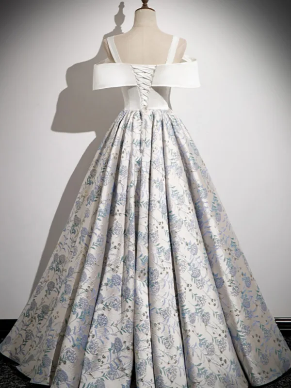Elegant Ivory Printing Prom Dresses 2023 A-Line / Princess Spaghetti Straps Short Sleeve Backless Floor-Length / Long Prom Formal Dresses
