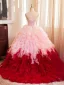 Fashion Blushing Pink Two Tone Appliques Cascading Ruffles Prom Dresses 2024 Ball Gown Strapless Sleeveless Backless Sweep Train Prom Formal Dresses