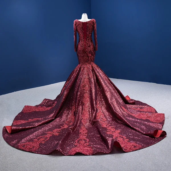 Luxury / Gorgeous High-end Burgundy Evening Dresses 2022 Trumpet / Mermaid Scoop Neck Beading Pearl Rhinestone Sequins Long Sleeve Royal Train Evening Party Formal Dresses