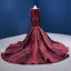 Luxury / Gorgeous High-end Burgundy Evening Dresses 2022 Trumpet / Mermaid Scoop Neck Beading Pearl Rhinestone Sequins Long Sleeve Royal Train Evening Party Formal Dresses