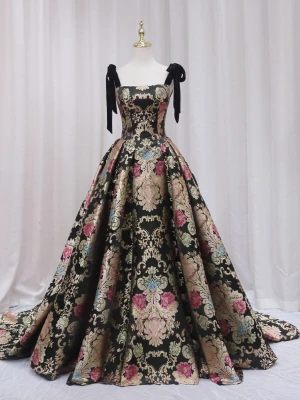 Vintage Retro Black Printing Satin Prom Dresses 2024 Ball Gown Spaghetti Straps Sleeveless Backless Court Train Prom Formal Dresses