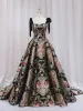 Vintage / Retro Black Printing Satin Prom Dresses 2024 Ball Gown Spaghetti Straps Sleeveless Backless Court Train Prom Formal Dresses