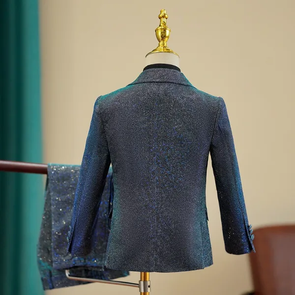 Fashion Navy Blue Glitter 5-piece Long Sleeve Boys Wedding Suits 2024 Coat Pants Shirt Tie Vest