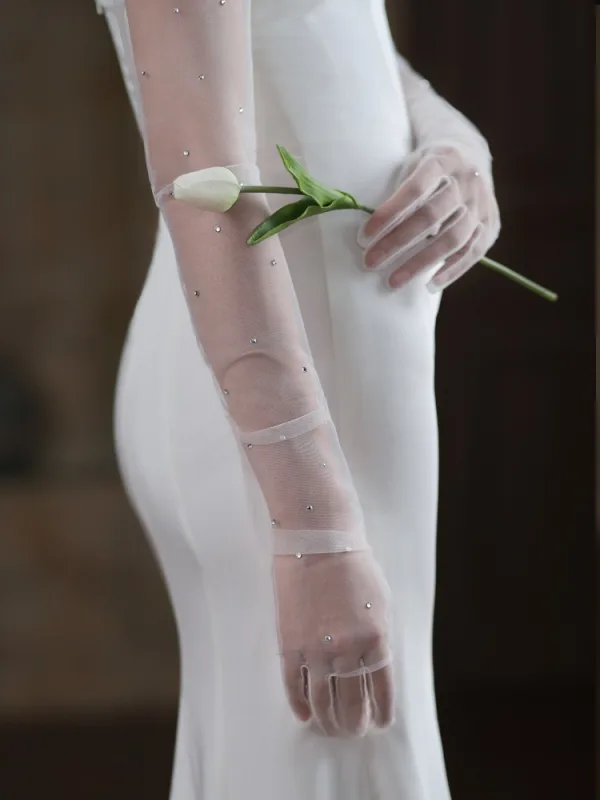 Élégant Blanche Fait main Faux Diamant Mariage Gants Mariage 2025 Tulle