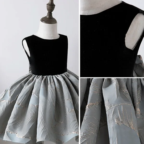 Chic / Beautiful Black Suede Birthday Flower Girl Dresses 2022 Ball Gown Scoop Neck Sleeveless Bow Floor-Length / Long Flower Girl Dresses