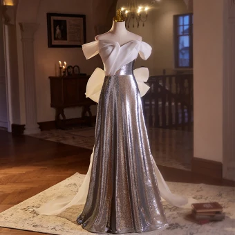 Sparkly Silver Sequins Prom Dresses 2024 A Line Princess Off The Shoulder Short Sleeve Backless Bow Floor Length Long Prom Formal Dresses
