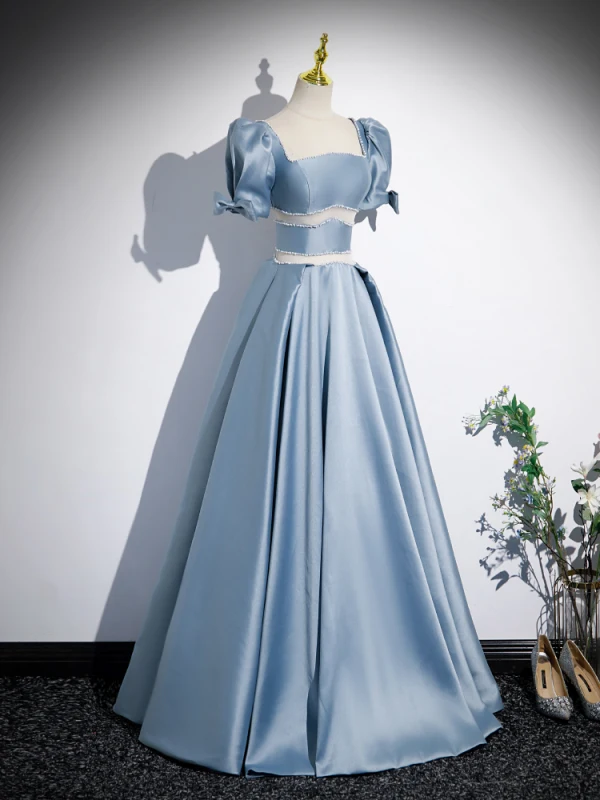 Chic / Beautiful Sky Blue Satin Pearl Prom Dresses 2023 A-Line / Princess Square Neckline Short Sleeve Backless Floor-Length / Long Formal Dresses