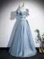 Chic / Beautiful Sky Blue Satin Pearl Prom Dresses 2023 A-Line / Princess Square Neckline Short Sleeve Backless Floor-Length / Long Formal Dresses