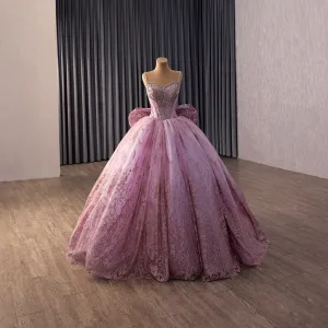 Śliczny Cukierki Różowy Frezowanie Rhinestone Cekiny Sukienki Na Bal 2026 Suknia Balowa Spaghetti Pasy Bez Rękawów Bez Pleców Kokarda Długie Sukienki Wizytowe