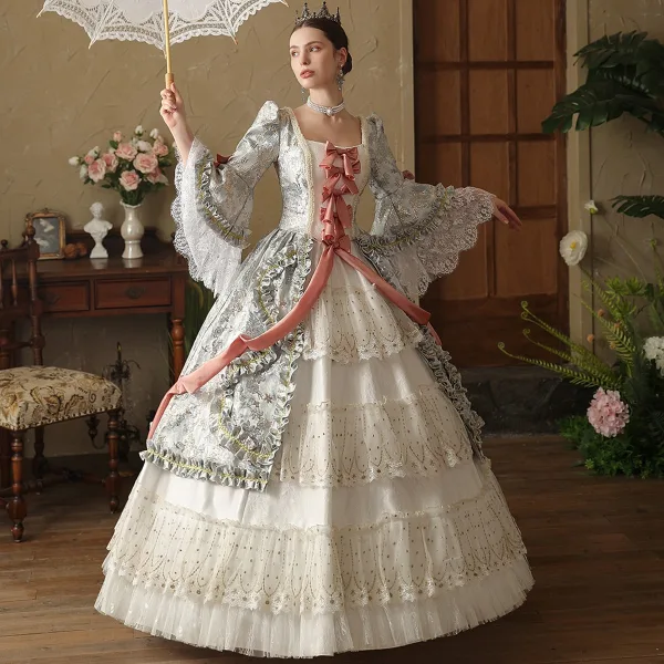 Vintage / Retro Medieval Gothic White Bow Lace Flower Prom Dresses 2024 Ball Gown Square Neckline Bell sleeves Floor-Length / Long Prom Formal Dresses