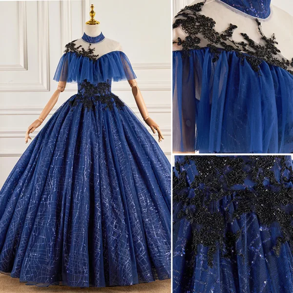 Vintage / Retro Navy Blue Beading Sequins Lace Flower Prom Dresses 2023 Ball Gown High Neck Short Sleeve Backless Floor-Length / Long Prom Formal Dresses