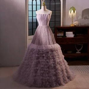 Elegant Lavendel Beading Gripende Ruffles Ballkjoler 2023 Prinsesse Strapless Uten Ermer Ryggløse Lange Ball Formelle Kjoler
