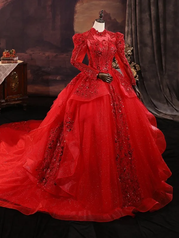 Vintage / Retro Red Beading Sequins Wedding Dresses 2025 Ball Gown High Neck Long Sleeve Backless Royal Train Wedding