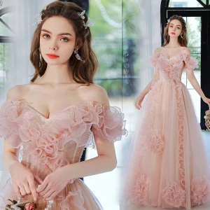 Chic Belle Rougissant Rose Volants Robe De Bal 2022 Princesse De L Épaule Manches Courtes Dos Nu Longue Robe De Ceremonie