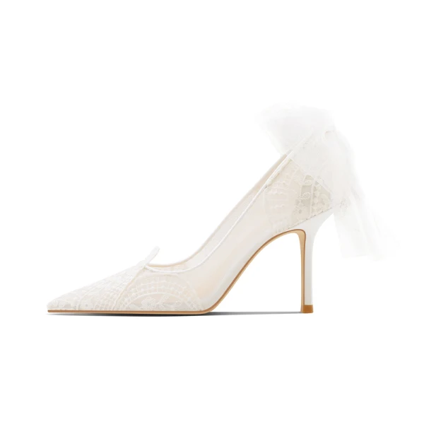 Elegant White Lace Flower Bow Wedding Shoes 2023 Leather 8 cm Stiletto Heels Pointed Toe Wedding Pumps High Heels