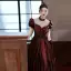 Fashion Burgundy Bow Satin Rhinestone Evening Dresses 2022 A-Line / Princess High Neck Puffy Short Sleeve Floor-Length / Long Evening Party Formal Dresses