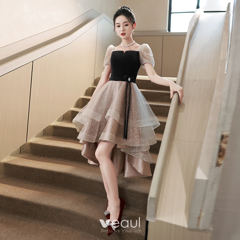 Charming Black Cascading Ruffles Asymmetrical Cocktail Dresses 2023 A-Line Princess Bow