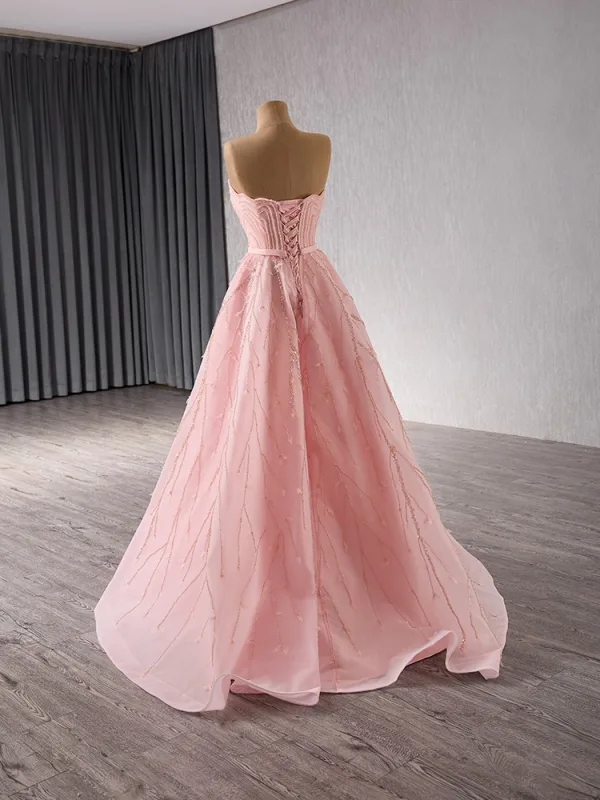 High End Rosa Handgefertigt Perlenstickerei Pailletten Ballkleider 2024 Ballkleid Bandeau Ärmellos Rückenfreies Lange Ball Festliche Kleider