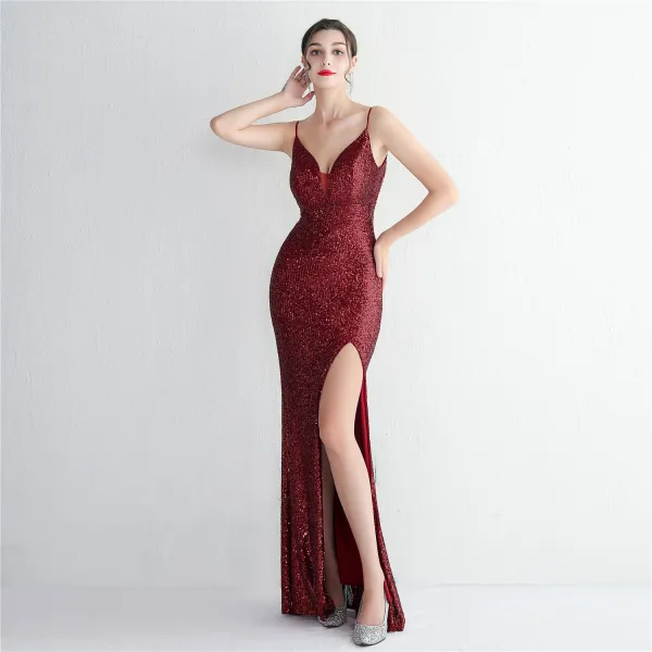 Sexy Blanche Perlage Paillettes Fendue devant Robe De Soirée 2024 Trompette / Sirène Bretelles Spaghetti Sans Manches Dos Nu Longue Soirée Robe De Ceremonie