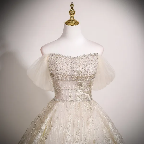 Chic / Beautiful Champagne Beading Sequins Prom Dresses 2025 Ball Gown Off-The-Shoulder Short Sleeve Backless Floor-Length / Long Prom Formal Dresses