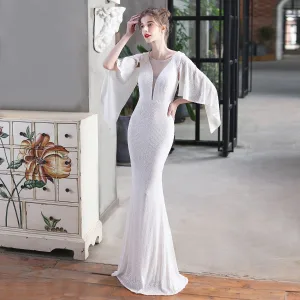 Sparkly Black Sequins Evening Dresses 2022 Trumpet Mermaid Scoop Neck 1 2 Sleeves Floor Length Long Evening Party Formal Dresses