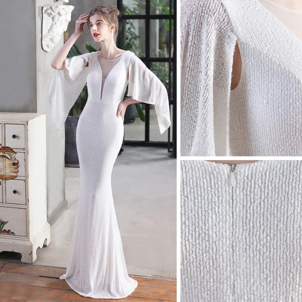 Sparkly Black Sequins Evening Dresses 2022 Trumpet / Mermaid Scoop Neck 1/2 Sleeves Floor-Length / Long Evening Party Formal Dresses