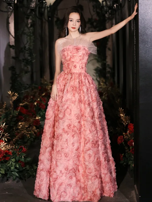 Schöne Rosa Pailletten Applikationen Ballkleider 2023 A Linie Bandeau Ärmellos Rückenfreies Schleife Stoffgürtel Lange Ball Festliche Kleider