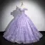 Flower Fairy Lavender Appliques Sequins Prom Dresses 2024 Ball Gown Off-The-Shoulder Short Sleeve Backless Floor-Length / Long Prom Formal Dresses