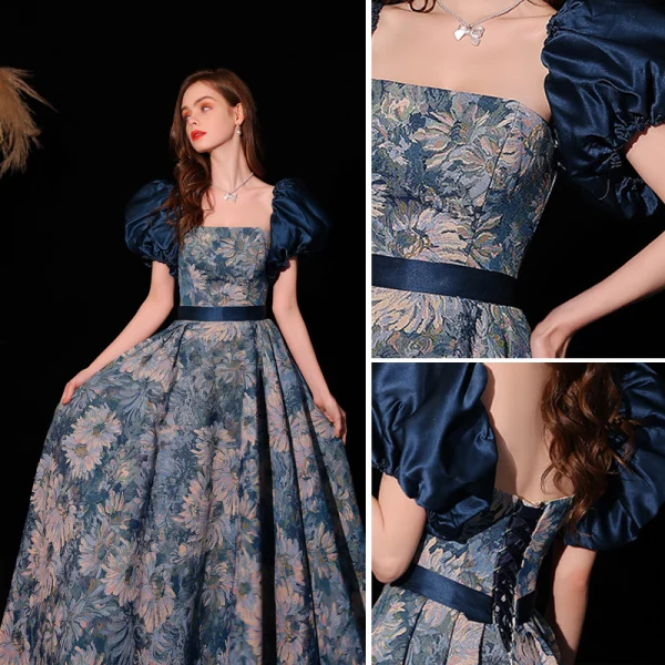 Vintage / Retro Ocean Blue Prom Dresses 2022 A-Line / Princess Square Neckline Puffy Short Sleeve Sash Backless Floor-Length / Long Prom Formal Dresses