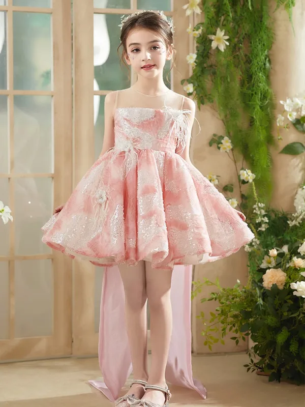 Chic / Beautiful Blushing Pink Beading Pearl Sequins Appliques Birthday Short Flower Girl Dresses 2025 Ball Gown Scoop Neck Tassel Sleeveless