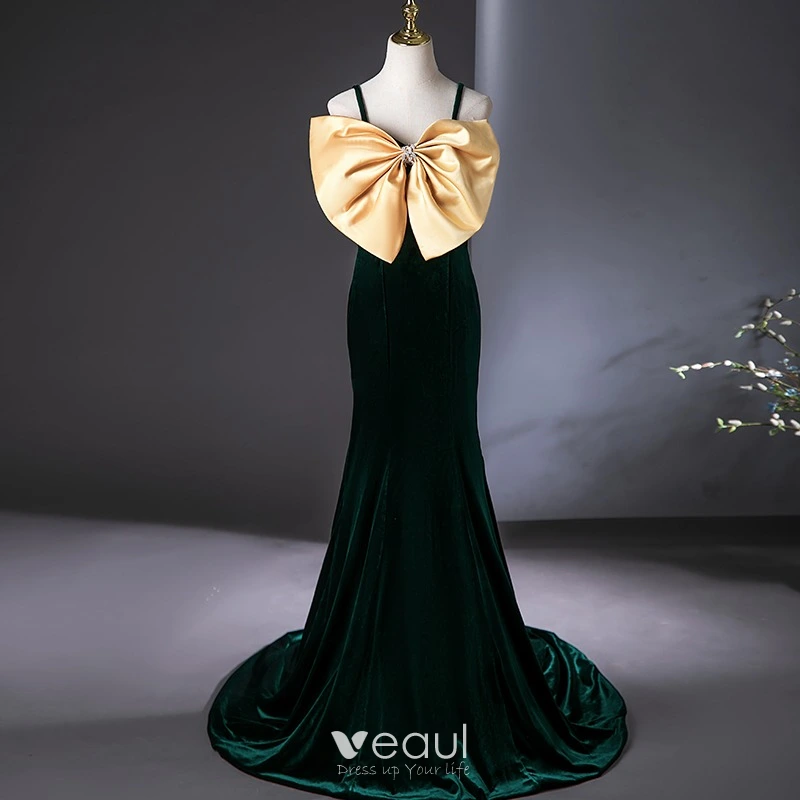 Elegant Dark Green Velvet Prom Dresses 2024 Trumpet Mermaid Spaghetti Straps Bow Sweep