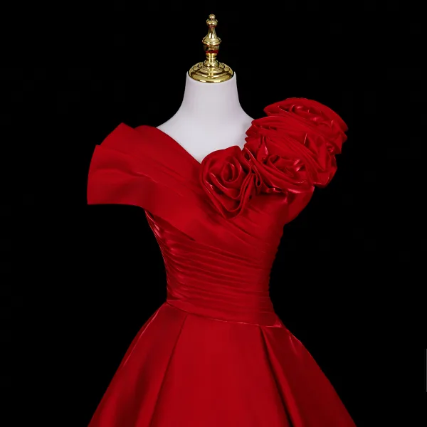 Vintage / Retro Navy Blue Ruffle Flower Prom Dresses 2026 Ball Gown Square Neckline Short Sleeve Backless Floor-Length / Long Formal Dresses