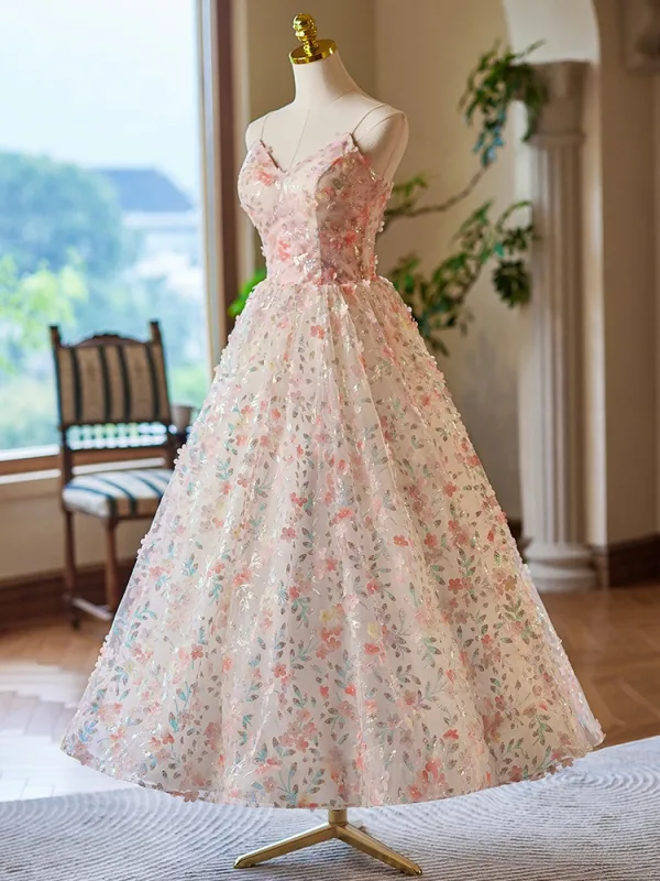 Flower Fairy Blushing Pink Sequins Appliques Prom Dresses 2024 Ball Gown Spaghetti Straps Sleeveless Backless Floor-Length / Long Prom Formal Dresses