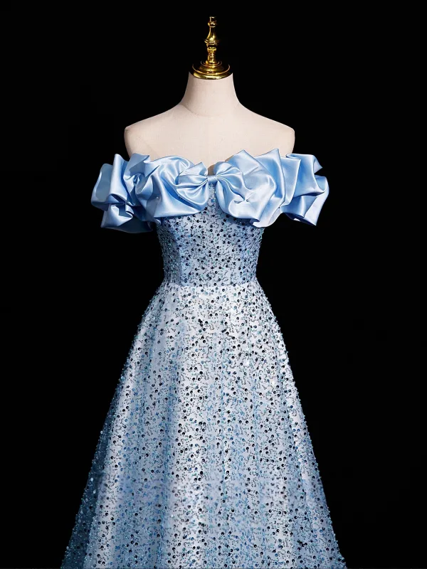 Glitzernden Himmelblau Perlenstickerei Perle Pailletten Ballkleider 2025 A Linie Off Shoulder Kurze Ärmel Rückenfreies Sweep / Pinsel Zug Ball Festliche Kleider