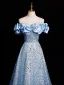 Glitzernden Himmelblau Perlenstickerei Perle Pailletten Ballkleider 2025 A Linie Off Shoulder Kurze Ärmel Rückenfreies Sweep / Pinsel Zug Ball Festliche Kleider
