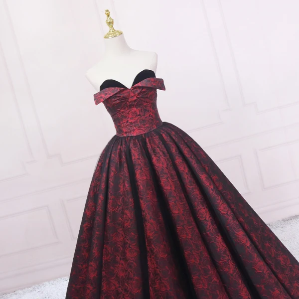 Vintage / Retro Burgundy Printing Prom Dresses 2023 Ball Gown Satin Strapless Sleeveless Backless Floor-Length / Long Prom Formal Dresses