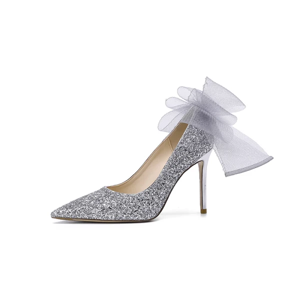 Glittrande Silver Paljetter Rosett Brudskor 2022 10 cm Stilettklackar Spetsiga Bröllop Pumps Högklackade