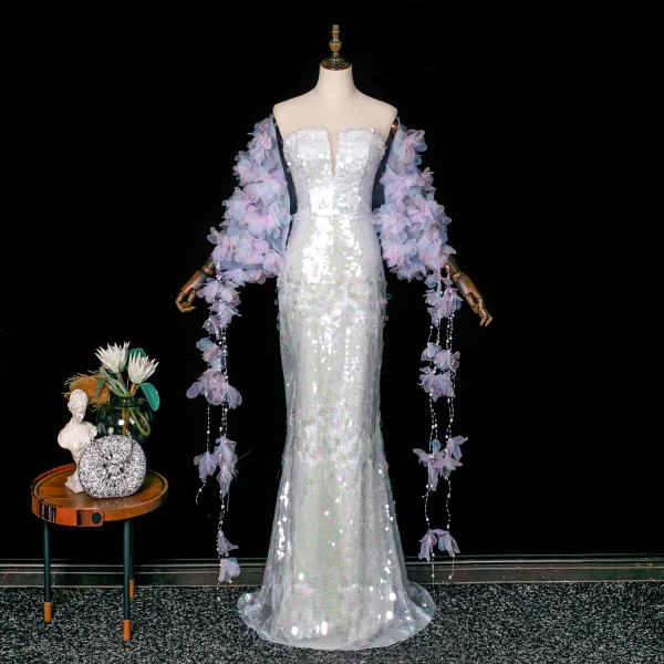 Sexy Scintillantes Argenté Perle Paillettes Fleur Robe De Soirée 2026 Trompette / Sirène Bustier Sans Manches Dos Nu Longue Robe De Ceremonie