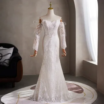 Élégant Blanche Perlage Paillettes Robe De Mariée 2026 Trompette Sirène De L Épaule 3 4 Manches Dos Nu Longue Mariage