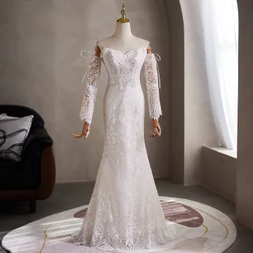 Elegant White Beading Sequins Wedding Dresses 2026 Trumpet Mermaid Off The Shoulder 3 4 Sleeve Backless Floor Length Long Wedding