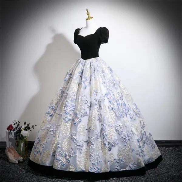 Elegant Black Printing Velvet Prom Dresses 2025 Ball Gown Square Neckline Puffy Short Sleeve Backless Floor-Length / Long Formal Dresses