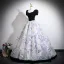 Elegant Black Printing Velvet Prom Dresses 2025 Ball Gown Square Neckline Puffy Short Sleeve Backless Floor-Length / Long Formal Dresses