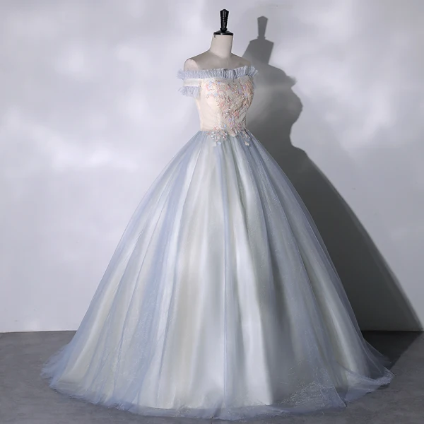 Elegant Sky Blue Sequins Prom Dresses 2023 Ball Gown Off-The-Shoulder Short Sleeve Backless Floor-Length / Long Prom Formal Dresses