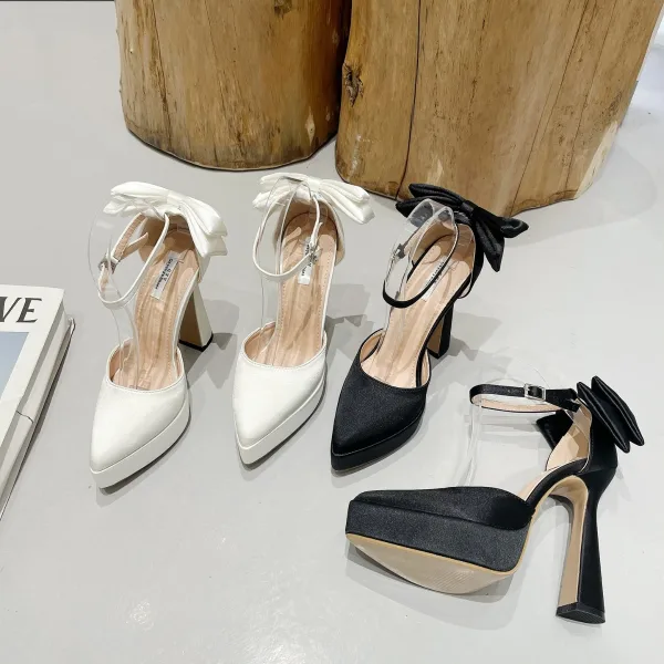 Fashion Black Evening Party Ankle Strap Bow Womens Shoes 2023 13 cm Stiletto Heels Pointed Toe Womens Shoes High Heels
