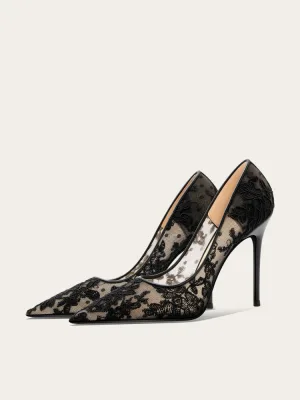 Charmant Noire En Dentelle Fleur Promo Escarpins 2025 Cuir 10 Cm Talons Aiguilles À Bout Pointu Escarpins Talons Hauts