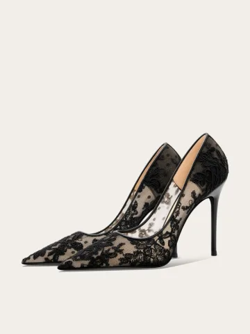 Charmant Zwarte Kant Bloem Gala Pumps 2025 Leer 10 Cm Naaldhakken Stiletto Spitse Neus Pumps Hoge Hakken