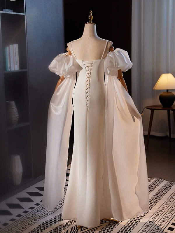 Schöne Beige Leichtes Brautkleider / Hochzeitskleider 2024 Meerjungfrau Spaghettiträger Geschwollenes Kurze Ärmel Rückenfreies Lange Hochzeit