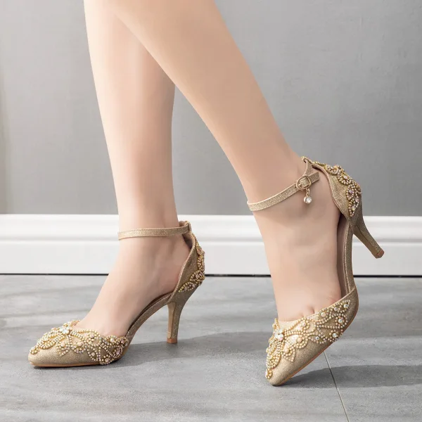 Scintillantes Doré Faux Diamant Paillettes Chaussure De Mariée 2023 Bride Cheville 7 cm Talons Aiguilles À Bout Pointu Mariage Talons Hauts