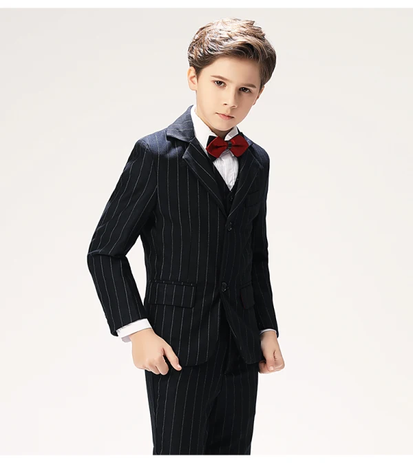 Classic 5-piece Stripe Black Long Sleeve Boys Wedding Suits 2022 Coat Pants Shirt Tie Vest Wedding